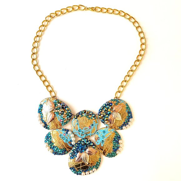 Gold Plated Necklace with blue and green Crystals, details of paint  Gold Plated - Picture 2 of 5